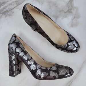 Marc Fisher Black and Silver Floral Block Heel Pumps